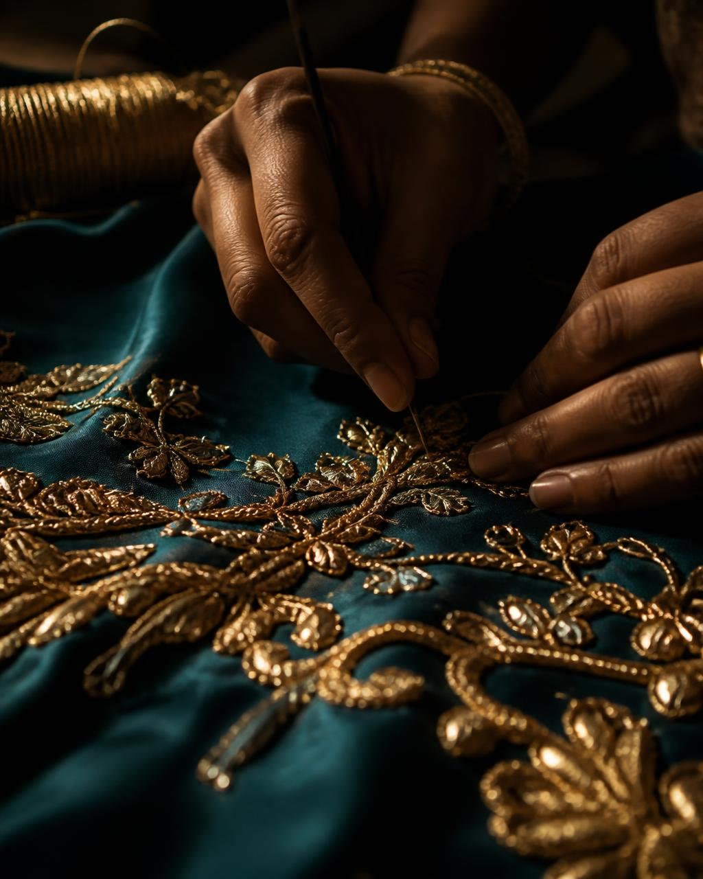 Hands embroidering gold zardozi thread onto teal silk